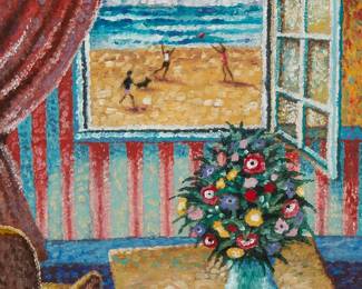 3278
Max Kuehne
1880-1968
Window-View Of The Beach
Oil on canvasboard
Signed lower right: Kuehne
18" H x 14" W
Estimate: $1,000 - $2,000