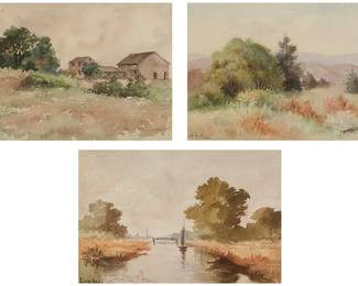 3282
Edith White (1855-1946)
Three works:

Cottages in a grassy landscape
Watercolor on paper
Appears unsigned
Sight: 7.75" H x 12" W

Small boat on a river, 1892
Watercolor on paper
Signed and dated lower left: Edith White
Sight: 6" H x 9" W

Grassy field in a mountainous landscape, 1892
Watercolor on paper
Signed and dated lower left: Edith White
Sight: 8" H x 12.5" W
Estimate: $700 - $900