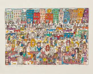 3398
James Rizzi
b. 1950
"Sidewalk Cafe," 1987
Screenprint in colors on paper and three-dimensional collage
Edition: 3/175
Signed, titled, dated, and numbered in pencil in the lower margin: James Rizzi
Image: 8.5" H x 12" W x 0.25" D; Sheet: 11.25 x 15" W
Estimate: $1,000 - $2,000