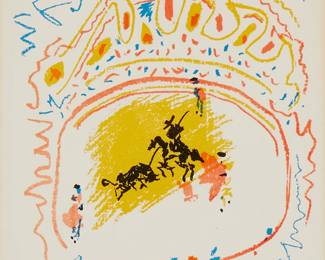 3373
After Pablo Picasso
1881-1973
"La Petite Corrida," 1957
Lithograph in colors on paper
From the edition of unknown size and date
With the printed signature and date in the image; titled on a label affixed to the frame's backing board
Sight: 12.75" H x 10" W
Estimate: $300 - $400