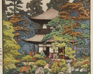 3453
Toshi Yoshida
1911-1995
"Silver Pavilion - Kyoto," 1951
Woodcut in colors on paper
Signed in pencil in the lower margin, at right: Toshi Yoshida; with the stamped title in the lower margin, at left; Japanese characters along the lower portion of the left margin edge
Image: 14.5" H x 9.75" W; Sight: 15.25" H x 10.375" W
Estimate: $400 - $600