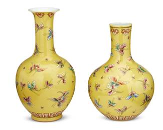 3087
Mid/late 20th century
Two Yellow Ground Butterfly Vases
Each marked to the underside in blue underglaze with an apocryphal reign mark for Qianlong Period (1711-1799)
Each slightly different stick neck-form ceramic vase with all-over polychrome enameled decoration of fluttering butterflies on a mustard-colored ground, 2 pieces
Larger: 14.5" H x 7" D; Smaller: 12.25" H x 7" Dia.
Estimate: $300 - $500