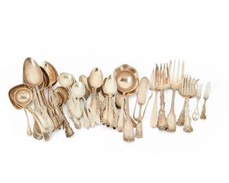 3064
20th century
An Assembled Group Of Sterling Silver Flatware
With various maker's marks including Gorham, Towle, S. Kirk & Son, and others; each marked for sterling
The group of American and British silver, comprising various styles and sizes of flatware items, personalized
Largest: 9"; Smallest: 4"
65.7 oz. troy approximately
Estimate: $700 - $900