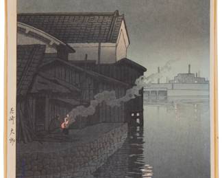 3449
Hasui Kawase
1883-1957
"Daimotsu, Amagasaki," From "Collection Of Scenic Views Of Japan II, Kansai Edition," 1940
Woodcut in colors on paper
Signed in blue ink along the lower left edge: Hasui, and with the artist's red Kawase ink stamp; with the publisher, Watanabe Shozaburo, 6mm ink stamp in the lower right corner; titled, dated, and inscribed with Japanese characters in the lower left margin
Image: 14.375" H x 9.625" W; Sheet: 14.875" H x 10.375" W
Estimate: $800 - $1,200