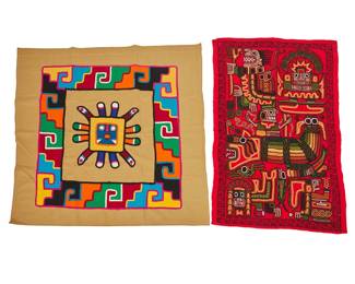 3149
Two Mexican Textiles
20th century
Two works comprising a large square wall hanging with a central machine- and hand-stitched appliqué mask motif and geometric border in multicolored fabric, likely wool on a wool twill ground fabric (37.5" H x 40" W), together with an embroidered hanging or table cover with multicolored crewel work embroidery on a red ground, likely wool, worked in chain stitch in various Aztec motifs including masked figures and stylized animals (40" H x 26" W), 2 pieces
Estimate: $200 - $400