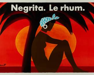 3469
Bernard Villemot
1911-1989
"Negrita. Le Rhum.," 1974
Lithograph in colors on paper
Signed in the stone: Villemot; Bedos & Cie., Paris, prntr.
Image: 56" H x 87.5" W; Sight: 61.2" H x 91.2" W
Estimate: $500 - $700