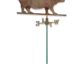 3168
20th century
An American Copper Hippopotamus Weathervane
Stamped to underbelly: WCWV296CB1
The copper welded weathervane in the form of a hippopotamus, with inset resin eyes, mounted on a partially green enameled metal rotating pole bearing the cardinal directions
Figure: 23.5" H x 36" W x 3.25" D; Mounted: 70" H x 36" W x 18" D approximately
Estimate: $300 - $400