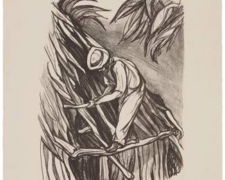 3387
Pablo O'Higgins
1904-1983
"Trabajador," 1958
Lithograph on wove paper
Edition: 9/30
Signed and numbered in pencil in the lower margin: Pablo O'Higgins; titled on a label affixed, verso
Image: 16" H x 12" W; Sheet: 23" H x 18" W
Estimate: $300 - $500