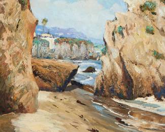 3276
David Gallup
b. 1967
"El Matador Beach," 1999
Oil on canvas
Signed lower left: D. Gallup; signed again, titled, dated twice, and inscribed in ink on the stretcher: C.A.C., C.V.P.A / O.P.A., ASOPA
24" H x 19" W
Estimate: $600 - $800