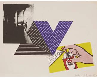 3396
Richard Pettibone
b. 1938
"Appropriation Print (With Andy Warhol, Frank Stella, And Roy Lichtenstein)," 1970
Screenprint in colors on wove paper
From the edition of unknown size
Signed and dated in pencil in the lower sheet edge, at right: Richard Pettibone
Sheet: 12.25" H x 16" W
Estimate: $800 - $1,200