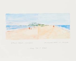 3275
Roger Welch
b. 1946
"Study For A Video," 2005
Watercolor on paper
Titled and inscribed in pencil in the lower portion of the sheet: Laguna Beach, California / Sagaponack Beach, L.I., New York; with the printed signature, title, and date on a copied exhibition sheet
Image is appox. 8" x 10" and with frame, 12" x 14"
Estimate: $300 - $500