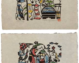 3455
Sadao Watanabe (1913-1996)
Two Works:

"Mary and Christ Child"
Woodcut in colors on handmade paper
Edition: 88/200
Signed and numbered in pencil in the lower margin: Sadao Watanabe; with the artist's red seal ink stamp lower margin, at right

"Mary, Joseph, and Baby"
Woodcut in colors on handmade paper
Edition: Artist's Proof
Signed and numbered in pencil in the lower margin: Sadao Watanabe; with the artist's red seal ink stamp lower margin, at right
Each image: 5.75" H x 7.75" W; Each sheet: 9" H x 12.75" W
Estimate: $300 - $500