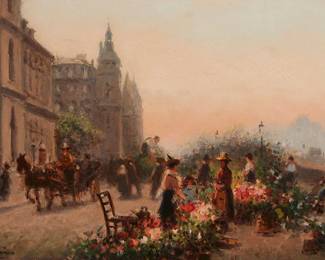 3292
19th Century Continental School
Street scene with flower sellers
Oil on artist board
Signed indistinctly lower left
9.5" H x 13" W
Estimate: $300 - $500