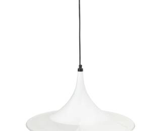 3206
Circa 1970s
An Italian Modern Plastic Pendant Light
Appears unmarked
The hanging light with a white and transparent plastic saucer-shaped shade, the design an iteration of a popular Murano glass pendant light, electrified
10.5" H x 19" Dia.
Estimate: $100 - $200