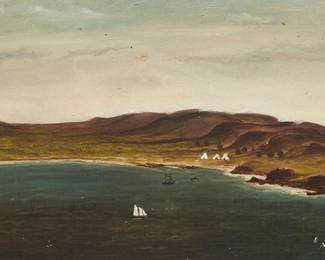 3262
20th Century American School
"N.W. Harbor"
Oil on canvas
Unsigned; titled and inscribed verso: San Clemente Island
6" H x 12" W
Estimate: $500 - $700