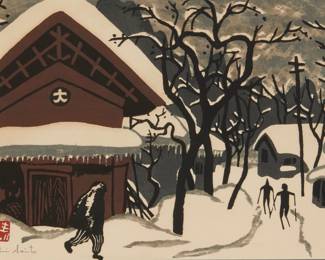 3452
Kiyoshi Saito
1907-1997
"Aizu In Winter (Two Skiers)"
Woodcut in colors on paper
Signed in pencil lower left: Kiyoshi Saito, together with the artist's red seal
Sight: 10" H x 15" W
Estimate: $400 - $600