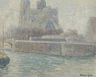 3291
Rinaldo Cuneo
1877-1939
View Of Notre Dame From The Seine
Oil on canvas
Signed lower right: Rinaldo Cuneo
15" H x 17.75" W
Estimate: $1,500 - $2,500