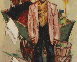 3349
Albert Locca
1895-1966
Street Vendor With His Cart, 1961
Oil on linen
Signed and dated lower left: Locca
36.25" H x 28.75" W
Estimate: $300 - $500