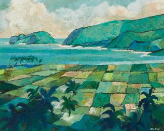 3239
Alec Baird
1910-1990
"Hawaiian Garden"
Oil on board
Signed lower right: Alec Baird; titled in pencil on the upper portion of the frame, verso
15" H x 20" W
Estimate: $400 - $600