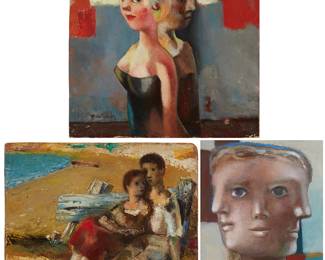 3353
Jose Montanes (1918-1998)
Three works:

Two figures passing one another
Oil on canvas laid to Masonite
Signed lower left: Montanes
16.75" H x 18" W

Couple lying at the beach
Oil on Masonite
Signed lower left: Montanes
15" H x 18" W

Abstract three-face portrait
Mixed media on artist board
Signed lower left: Montanes
Sight: 12.5" H x 9.5" W
Estimate: $500 - $700