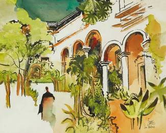 3311
Milford Zornes
1908-2008
"Hacienda En Colina"
Watercolor on wove paper
Signed and inscribed lower right: Zornes / San Antonio; signed again, titled, and inscribed on the frame's styrofoam backing: A.N.A
Sight: 17.75" H x 23.75" W
Estimate: $600 - $800
