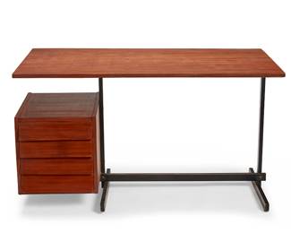 3185
Mid/late 20th century
A Modern Teak Wood Desk
Appears unmarked
The desk with black enameled metal frame supporting a teak wood top and side console with four drawers with angled fronts
28.25" H x 51.125" W x 27.5" D
Estimate: $700 - $900