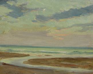 3265
Elanor Colburn
1866-1939
"Evening Sky"
Oil on canvas laid to board
Signed lower left: E. Colburn; signed again and titled, verso; titled again on a partial label affixed, verso
7.75" H x 10.25" W
Estimate: $300 - $500