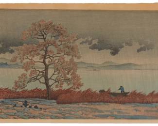 3451
Hasui Kawase
1883-1957
"Rain At Matsue Lake," 1932
Woodcut in colors on paper
With the printed signature and red publisher's seal along the lower portion of the left image edge: Hasui; Watanabe Shozaburo, Japan, pub.
Image: 9.625" H x 14.375" W; Sheet: 10.5" H x 15.25" W
Estimate: $500 - $700