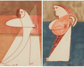 3435
Neil Doty (1941-2016)
Two works:

Abstracted figure with brown and white face
Mixed media on paper
Signed lower left: Neil Doty
Sight of each: 9" H x 6" W

Abstracted figure with red hair
Mixed media on paper
Signed lower right: Neil Doty
Sight of each: 9" H x 6" W
Estimate: $200 - $400