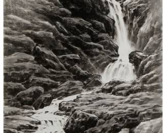 3446
20th Chinese Ink Painting School
Waterfall scene
Ink on paper laid to silver paper
With Chinese characters and red ink stamps lower right; inscribed with Chinese characters on the frame's backing board
40" H x 23" W
Estimate: $400 - $600