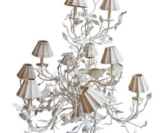 3125
Mid/late 20th century
A Metal Tree-Form Chandelier
Appears unmarked
The white painted metal twelve-light chandelier in the form of a tree with birds perched in the branches, each faux candle fixture with linen shade accented by grosgrain ribbon trim, electrified
50" H x 44" Dia.
Estimate: $400 - $600