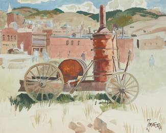 3308
Milford Zornes
1908-2008
"Cripple Creek," 1944
Watercolor on wove paper
Signed and dated lower right: Zornes; signed again, titled, and inscribed on the frame's backing paper: A.N.A
Sight: 22" H x 30" W
Estimate: $800 - $1,200