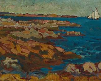 3267
Arthur Bowen Davies
1862-1928
Coastal Scene With Sailing Ship
Oil on panel
Unsigned
Sight: 5" H x 9" W
Estimate: $500 - $700
