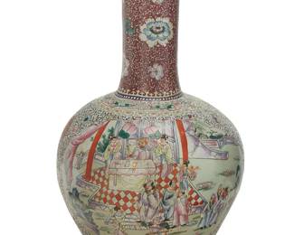 3084
20th century
A Chinese Famille Rose Porcelain Floor Vase
Appears unmarked
The globular porcelain polychromed vase with tall neck depicting figural scenes and accented with peonies on a pale green ground
32.25" H x 21" Dia.
Estimate: $300 - $500