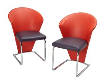 3212
Ronald Schmitt And Associates (Founded 1958)
A pair of postmodern leather and chrome dining chairs, late 20th century
Each appear unmarked
Two dining chairs, each upholstered in orange and purple vinyl and on a tubular chromed metal cantilevered base
2 pieces
Each: 32.5" H x 17" W x 15.25" D
Estimate: $300 - $500