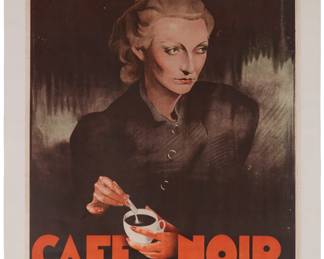 3467
20th Century French Art Deco School
"Cafe Noir"
Lithograph in colors on paper laid to linen
Unsigned; J. Fuytynck, Brussels, Belgium, prntr.
Image: 32.5" H x 23" W; Sheet: 33.75" H x 24" W
Estimate: $1,000 - $2,000