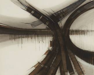 3428
Rinaldo Paluzzi
1927-2013
"Overpass," 1963
Crayon and ink wash on paper
Signed and dated lower right: Rinaldo Paluzzi; titled by repute
Sight: 30" H x 22" W
Estimate: $400 - $600