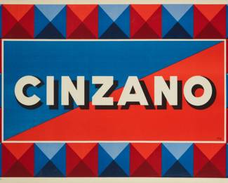 3464
20th Century French Deco Art School
"Cinzano"
Lithograph in colors on wove paper
Initialed in the stone underneath the large lettering, at right: P.C.; Les Editions Publicitas, Paris, France, pub.
Image: 25.5" H x 45" W; Sight: 27.5" H x 46.5" W
Estimate: $800 - $1,200