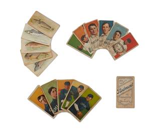 3229
1909-1911
A Group Of T206 Piedmont "350 Subjects" Baseball Cards
Comprising 297 tobacco baseball cards representing teams from Baltimore, Boston, Brooklyn, Buffalo, Chicago, Cincinnati, Cleveland, Columbus, Dallas, Danville, Detroit, Houston, Indianapolis, Jersey City, Kansas City, Little Rock, Louisville, Milwaukee, Minneapolis, Montgomery, Montreal, Newark, New York, Philadelphia, Pittsburg, Providence, Rochester, San Antonio, St. Louis, St. Paul, Toronto, Toledo, Toronto, Waco, and Washington, sold together with 58 Piedmont fish cards and 1 Sub Rosa flag card, 356 pieces total
Each: 2.625" H x 1.5" W
Estimate: $300 - $500