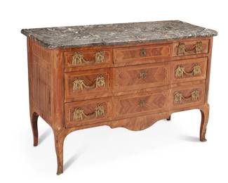 3122
Early 20th century
A French Louis XV Transitional-Style Commode
With a grey breakfront-style top over a five-drawer base with book match veneer, inlay strapwork, and a shaped apron
33.5" H x 51.25" W x 23.25" D
Estimate: $400 - $600