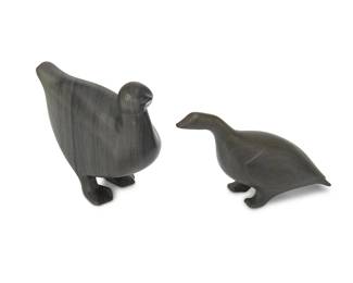 3160
Paul Kavik
b. 1948, Inuit; Belcher Islands/Sanikiluaq
Two Carved Birds
Stone
One signed: Paul K / 171; one appears unsigned, with two applied stickers to underside: Canadian Eskimo art / Hudson's Bay Company / 9 / WHU
2 pieces
Larger: 4.625" H x 5" W x 2.75" D; Smaller: 3.5" H x 5.75" W x 2.25" D
Estimate: $100 - $200