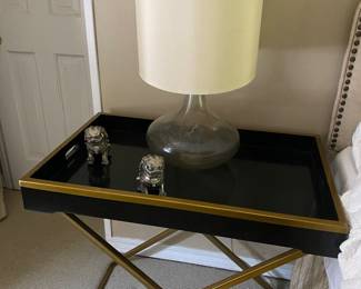 Good looking black and brass tray table, pair of glass lamps