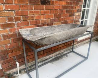 Antique dough bowl on stand