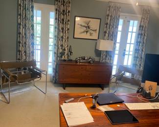 Pair chrome and leather sling back chairs, curtains in sale