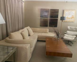 Lovely sectional sofa, wonderful vintage walnut  coffee table  with metal base