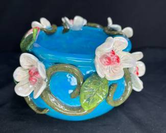 4 Ceramic, Applied Flower, & Iridescent Bowls