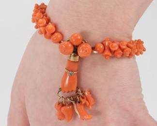 Antique Edwardian Carved Coral Bead Bracelet