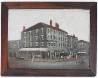 19C Quaint Coffee Shop Cityscape O/B Painting