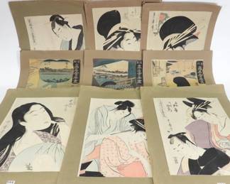 9PC Toyokuni III & Kitagawa Utamaro Woodblocks