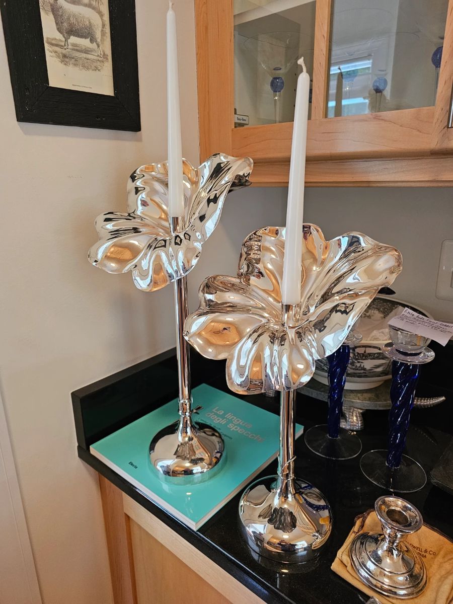 Sterling Silver Candle Sticks by "DeVecchi" Large sterling flower by Gabriel DeVecchi. Purchased from the Keith Lipert Gallery